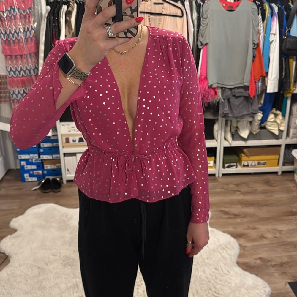 THE EAST ORDER Taylor Long Sleeve Tie Waist Bright Pink Metallic Dot Top - Picture 8 of 12